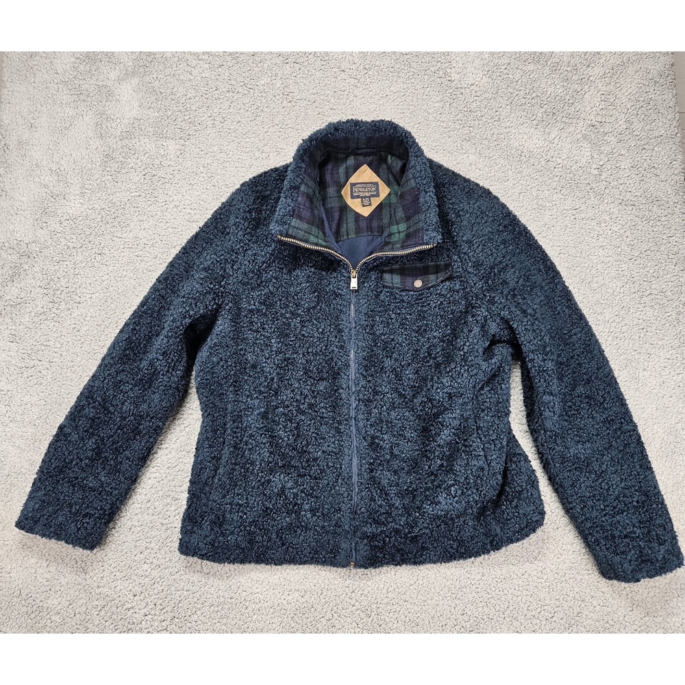 Pendleton Women's XL Sherpa Fleece Jacket Blue Plaid Trim Zip Front Warm Cozy